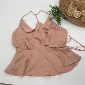 ASTR SATIN RUFFLE WRAP‎ HALTER TANK TOP PINK CHAMPAGNE M